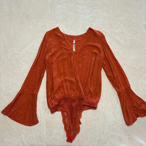 Intimately Free People Makin Waves Bodysuit Polka Dot Terracotta Orange Boho Med